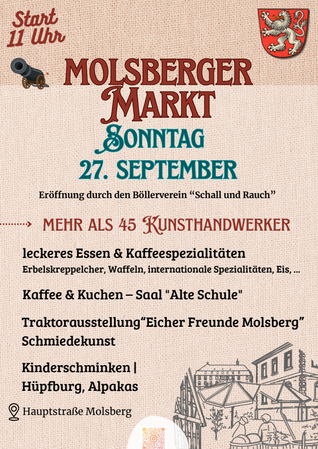 Plakat Molsberger Markt, Sonntag 27. September, Start 11 Uhr, Hauptstraße Molsberg. Eröffnung durch den Böllerverein Schall und Rauch. Mehr als 45 Kunsthandwerker, leckeres Essen und Kaffeespezialitäten, Kaffee und Kuchen im Saal Alte Schule, Traktorausstellung der Eicher Freunde Molsberg, Schmiedekunst, Kinderschminken, Hüpfburg, Alpakas.